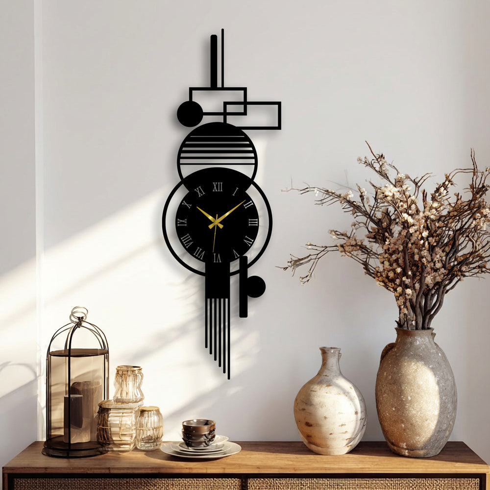 Warm light emphasizes the black metal wall decor of a modern geometric Roman numeral wall clock, creating a striking abstract visual against the cool white wall.