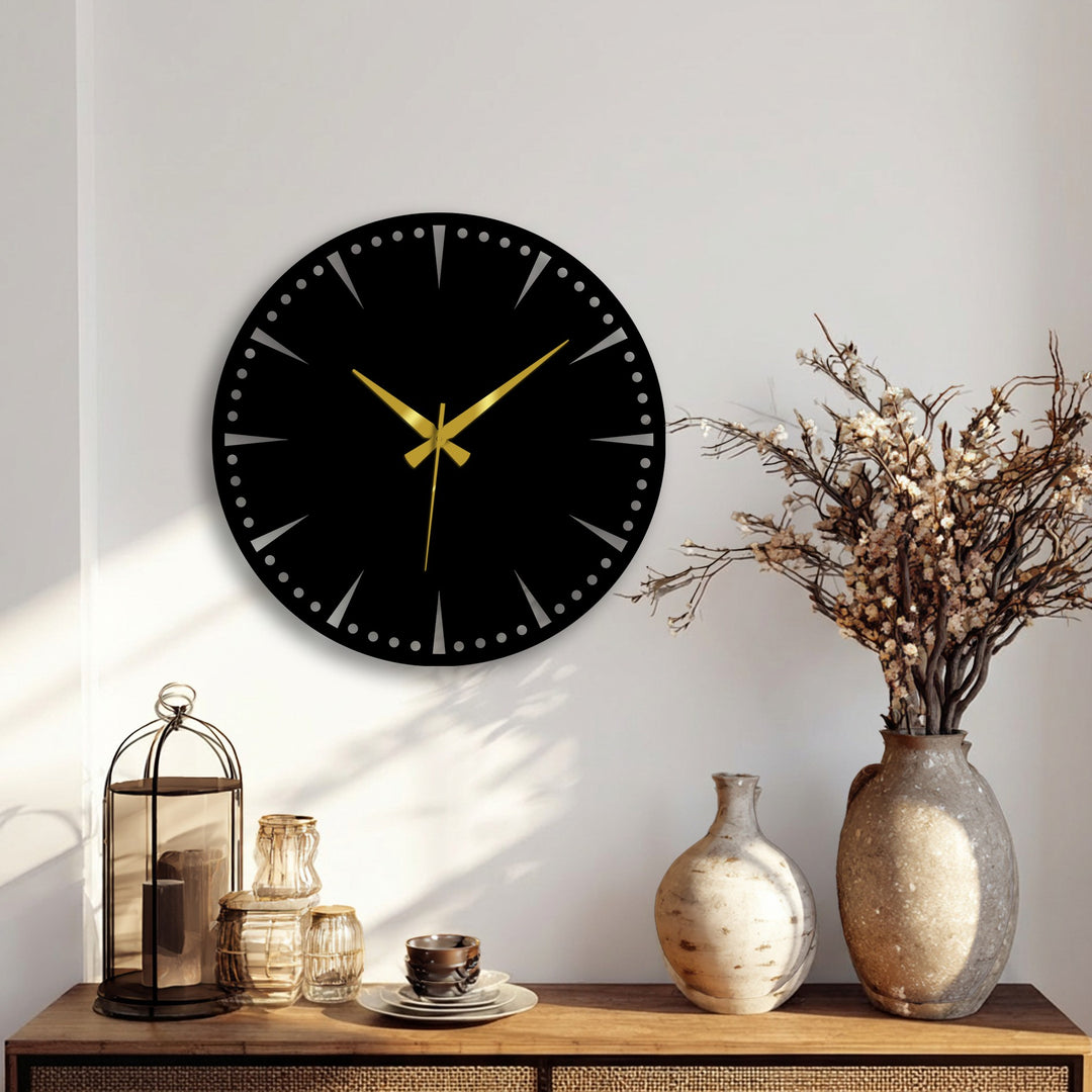 Circular luxury black metal wall clock in a portrait orientation provides a minimalist statement, showcasing elegant metal wall decor.