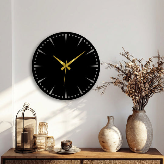 Circular luxury black metal wall clock in a portrait orientation provides a minimalist statement, showcasing elegant metal wall decor.