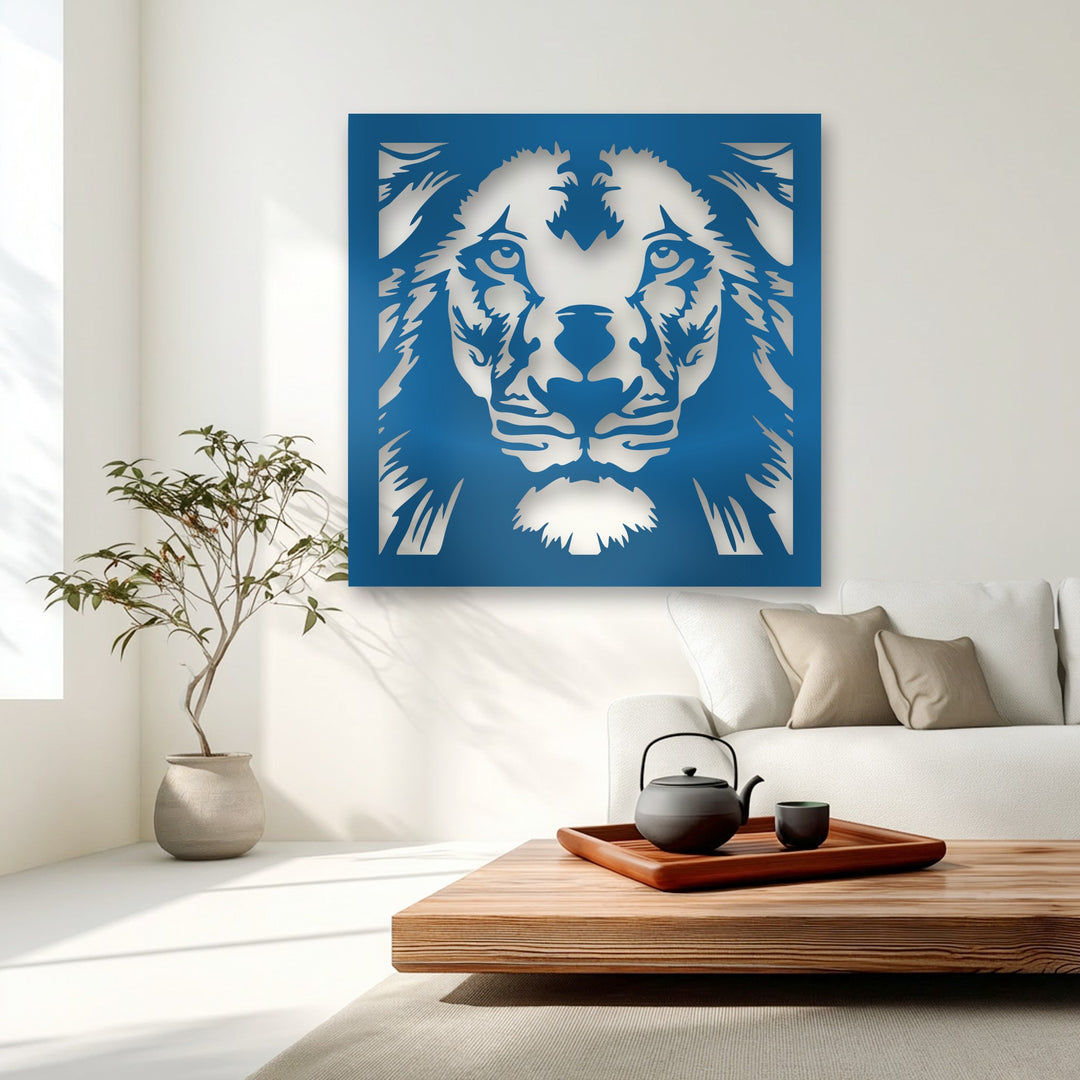 The abstract quality of the majestic lion face is brilliantly conveyed through bold geometric shapes in this unique metal wall art.