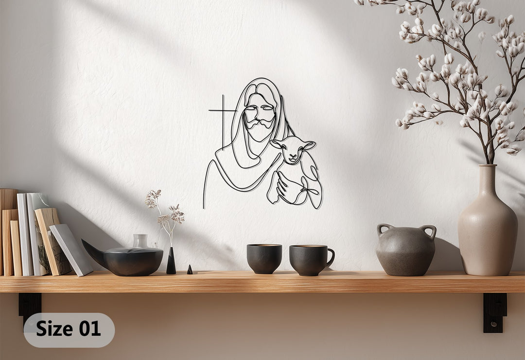 Jesus with Lamb – Minimalist Christian Metal Wall Art