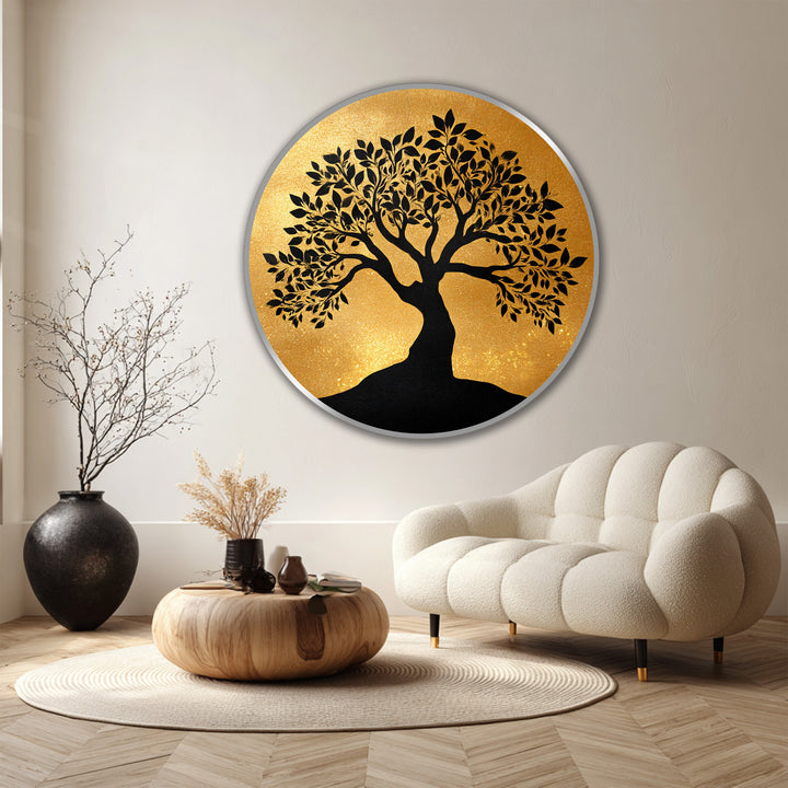 With the realistic detail of brushstrokes, this golden serenity oil painting wall art showcases a tree silhouette round painting on wood, adding an elegant touch.