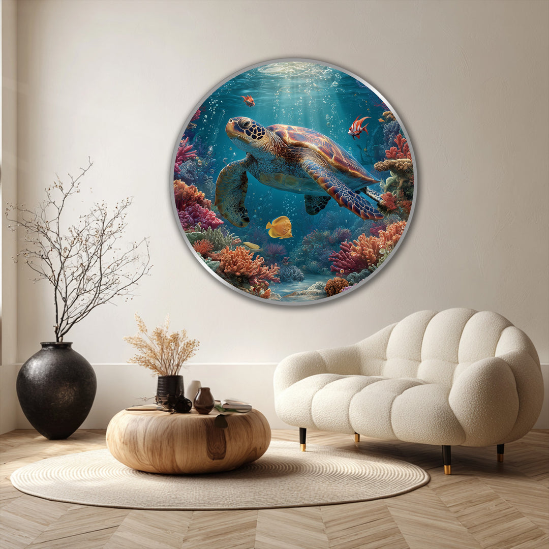 Neutral background amplifies the serene Graceful Sea Turtle Among Coral Reefs, making it a stunning focal point for oil painting art prints.