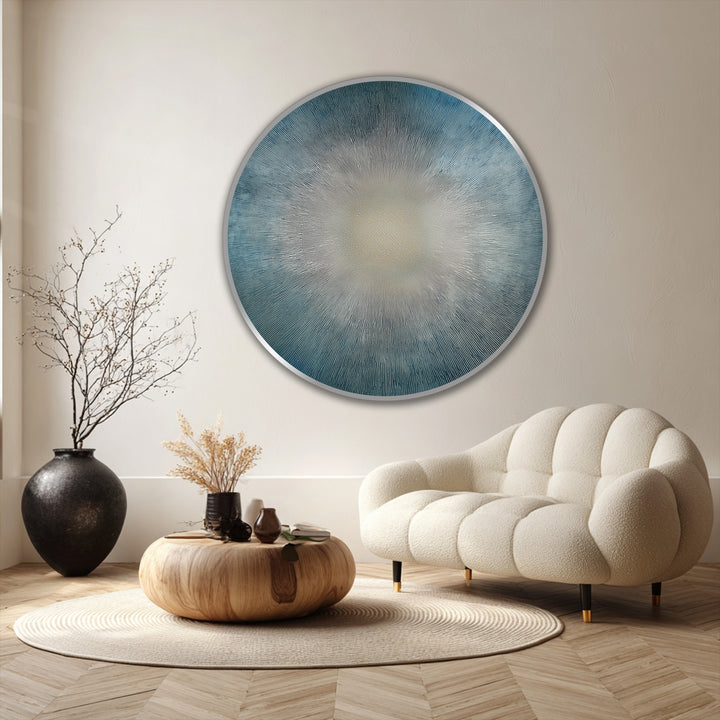 Featuring geometric elements, a round abstract oil painting wall art presents a radiant horizon with sunburst patterns radiating from a soft central circle.