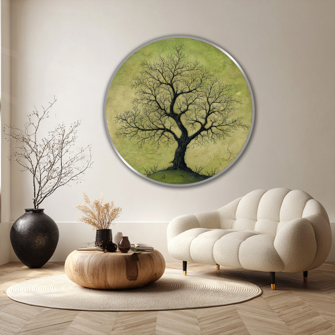 Árbol solitario con ramas sobre un suave suelo verde – Redondo inspirado en la naturaleza Cuadro al óleo