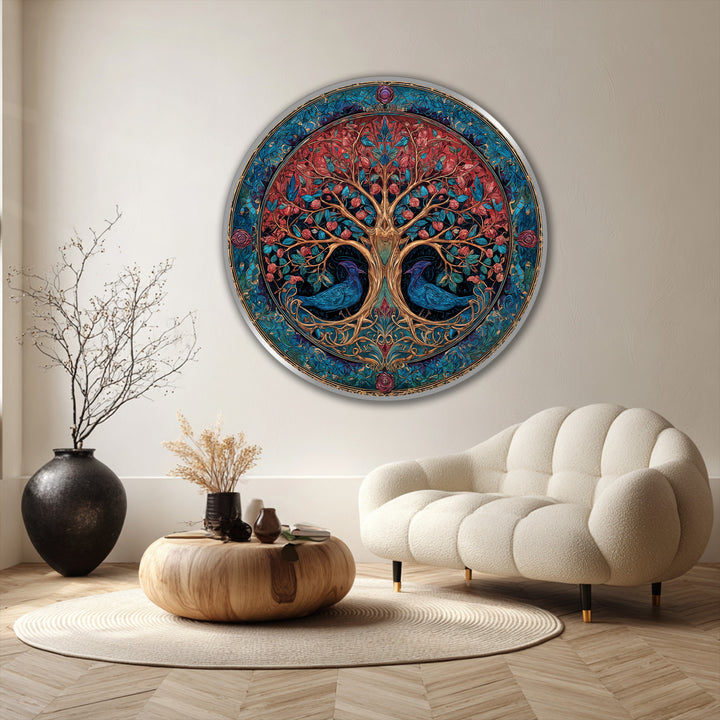 Illuminating depth and layers, this ornate Tree of Life round oil painting features modern oil painting art with entwined branches and symbolic birds.