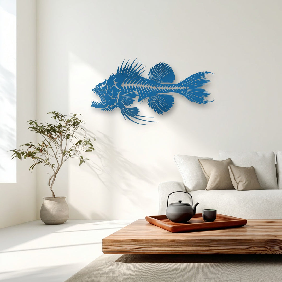 The organic, skeletal lines of a blue predator fish are captured in this unique metal wall art, enhancing the room's natural decor.