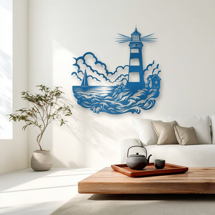 The stillness of the coastal lighthouse scene, captured in intricate metal art for wall, depicts a serene sailboat gently riding the ocean waves.