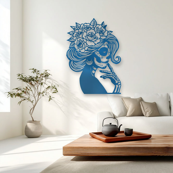 Geometric cut-out lines define the stylized Floral Sugar Skull Lady metal artwork, with intricate patterns forming the floral crown and skeleton features.