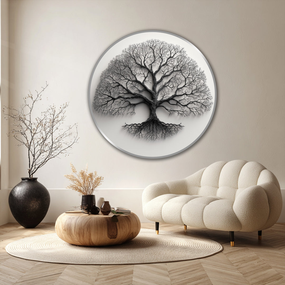 Exquisite texture and depth highlight the quality of this monochrome tree silhouette round oil painting artwork, showcasing the fine detail of the minimalist design.