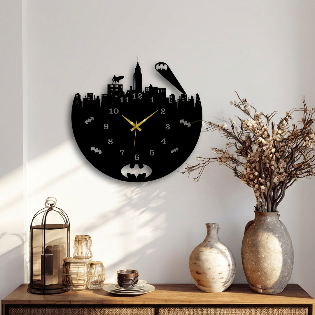 The crisp, detailed edges and borders of the urban night skyline decorative metal art wall clock showcase a striking dark city design.