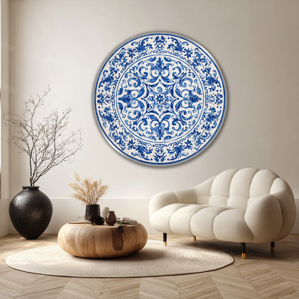 Swirling blue patterns create a sense of dynamic movement across this classic plate-style round oil painting art piece, drawing the eye into its intricate ornamental design.