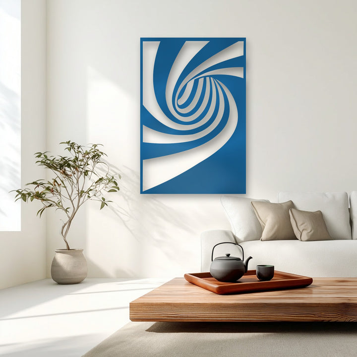 The superior material quality of this bold blue decorative metal art showcases a precision-cut abstract spiral flow design.