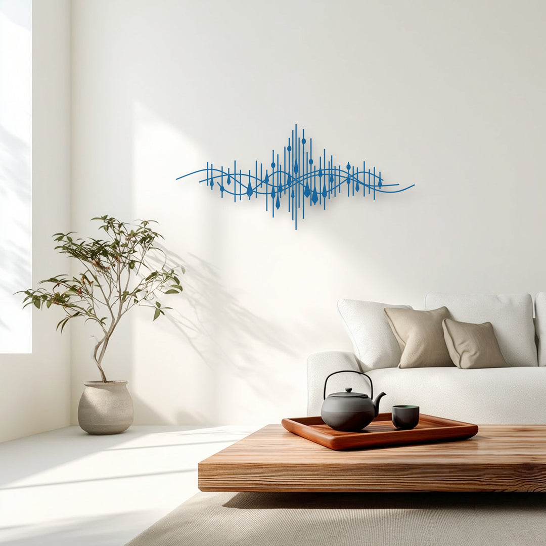 The sleek finish of this vibrant blue, unique metal wall art features an abstract soundwave line design, adding modern flair to the room.