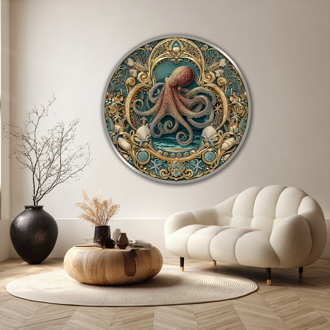 Horizontally-oriented round ornate ocean octopus oil painting art piece in a baroque coastal style features intricate gold details and teal ocean tones.