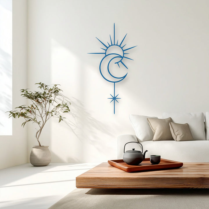 Sharp blue hues of the celestial metal decoration wall art strikingly contrast with the subtle warm color transitions of the minimalist room.