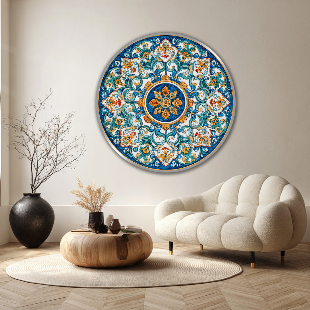 The azure and gold ornamental mandala in this stunning oil painting wall art displays a mesmerizing visual rhythm with its radiating baroque patterns.