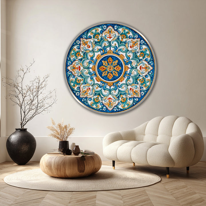 The azure and gold ornamental mandala in this stunning oil painting wall art displays a mesmerizing visual rhythm with its radiating baroque patterns.