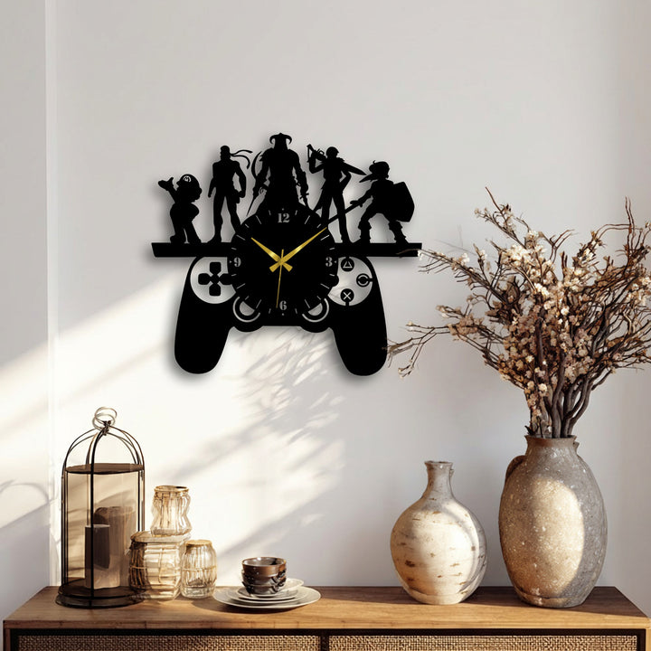 Foreground detail shows a rustic wooden console table featuring decorative vases, a terrarium, and the shadow of metal art for wall that is a gaming controller clock.