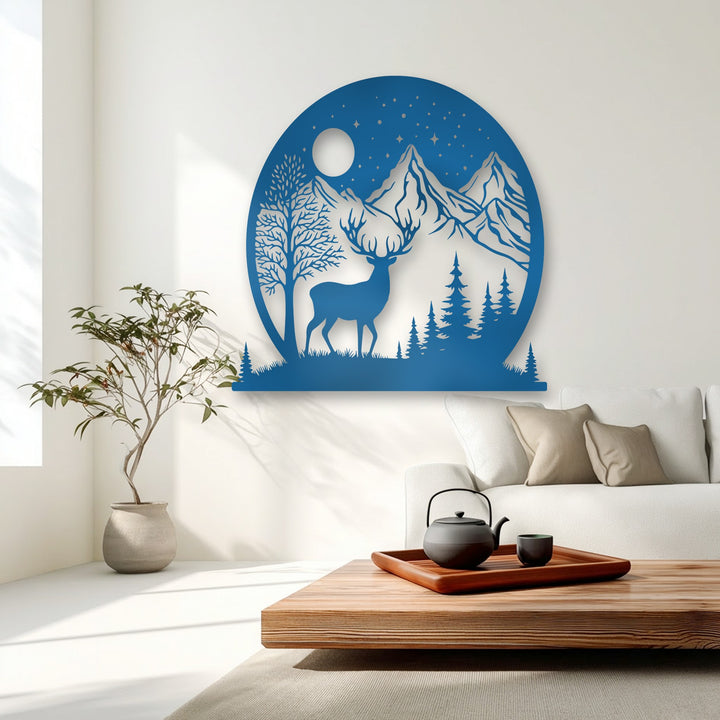 This captivating metal artwork vibrantly portrays a majestic stag and towering peaks under a moonlit sky, creating a dynamic wilderness tableau.