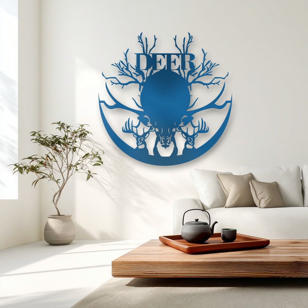 Dynamic curves and branching antlers in the sapphire deer decorative metal art evoke a graceful, fluid sense of movement on the bright wall.