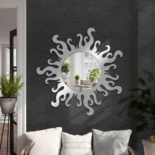 With muted color saturation, the flame edge round decorative mirror provides a modern and uniquely reflective surface as a decorative mirror.