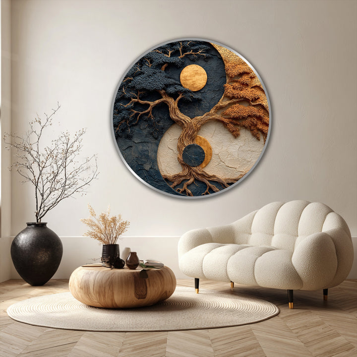With depth and layers, this celestial balance tree round abstract oil painting decoration showcases the textures and golden hues of an earthy, symbolic design.