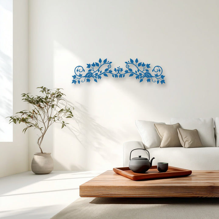 Intricate geometric elements form an elegant azure floral vine metal art for wall, featuring decorative botanical scroll designs.