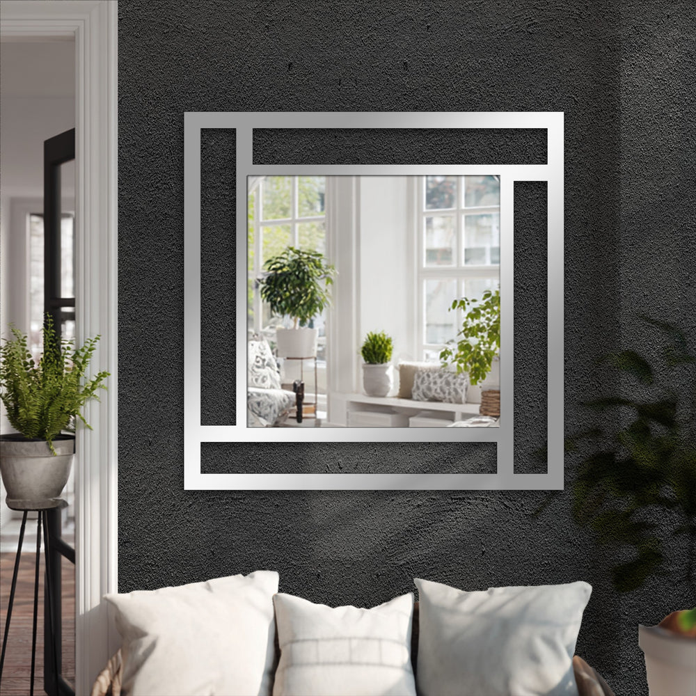 Reflecting a bright living space, the framed geometry square mirror serves as a captivating central subject, exemplifying modern decorating with wall mirrors.