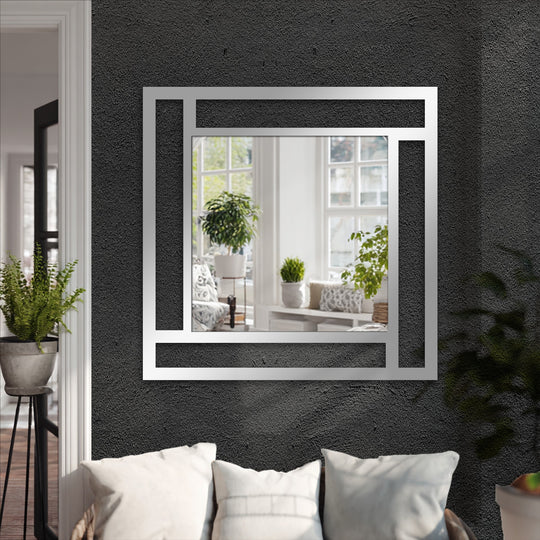Reflecting a bright living space, the framed geometry square mirror serves as a captivating central subject, exemplifying modern decorating with wall mirrors.