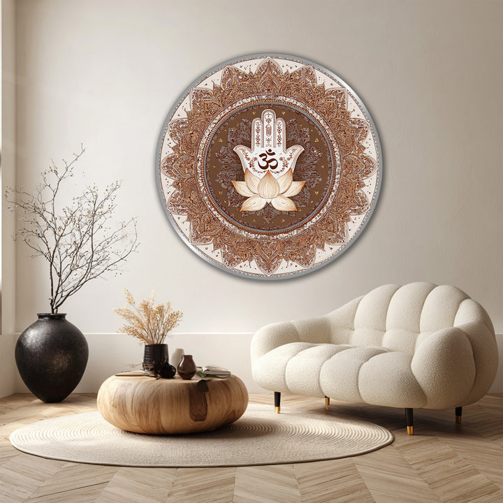 Highlighting the round edge, this spiritual Sacred Lotus Hamsa's circular oil painting decoration has a subtle gray border, enhancing its elegance.