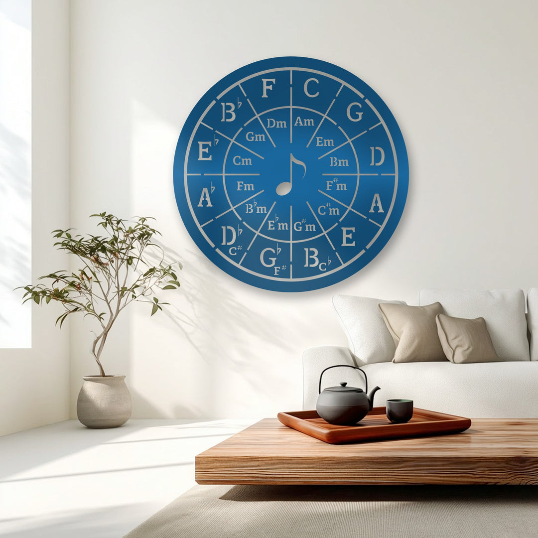 The plush white sofa with its soft neutral pillows creates a comforting aesthetic, complementing the striking Circle of Fifths metal wall decor.