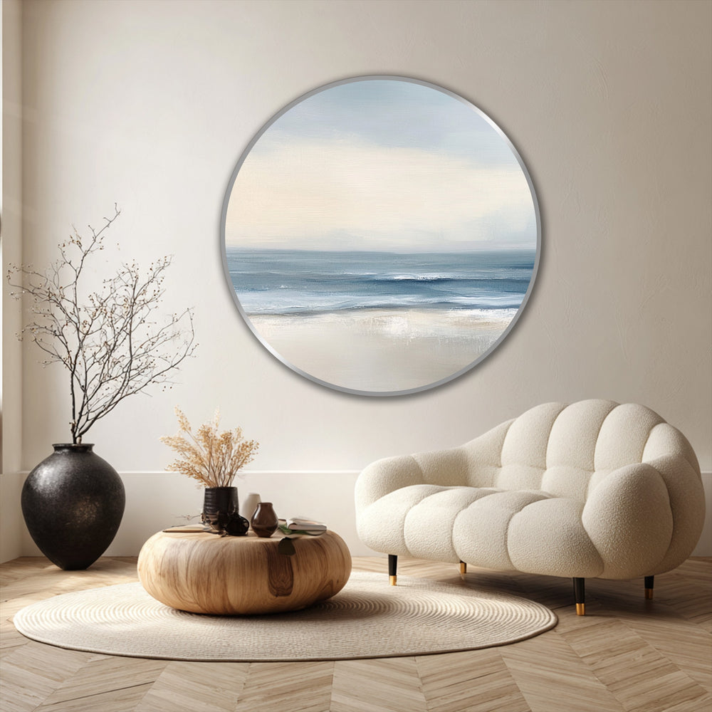 Round minimalist coastal oil painting art prints depicting soft tide serenity in a modern home decor style makes a serene, elegant statement.