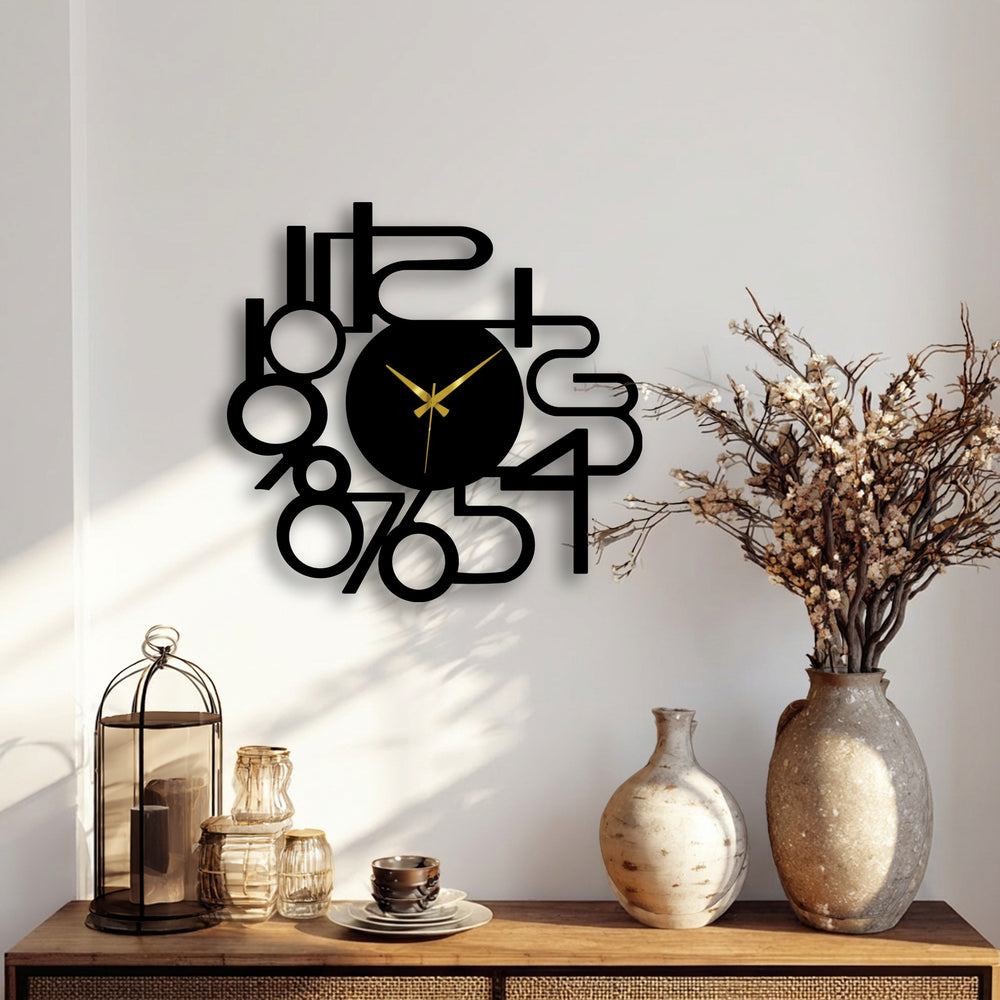 The layering effect is evident in the striking black abstract numbers metal art for wall, creating depth against the pristine white background.