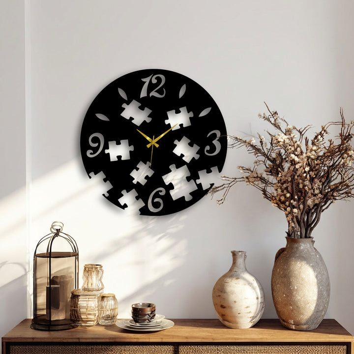 Showing the focal point, this modern puzzle pieces metal wall clock presents a creative and abstract design, adding unique metal wall decor to your space.