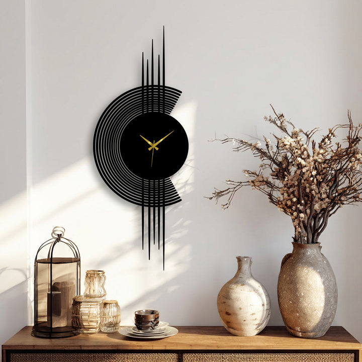 Smooth, layered surface texture defines this modern arc line metal wall clock, a striking piece of decoration wall art with its minimalist vertical design and bold, contrasting lines.