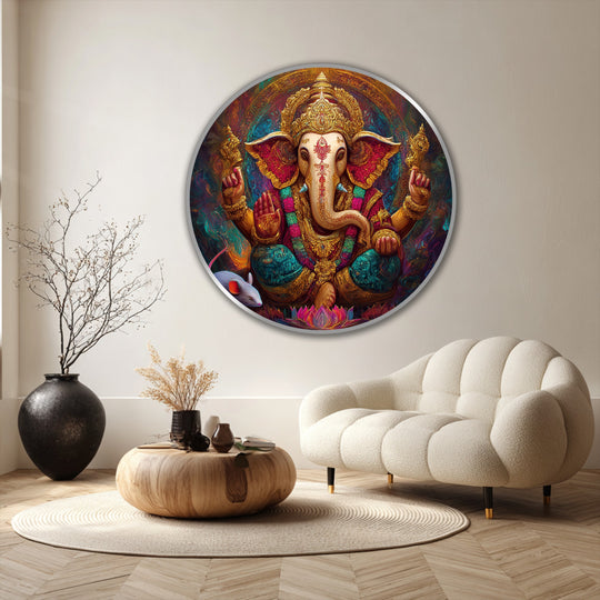 Showcasing a radiant gold finish, this round Ganesha oil painting creates a striking visual and spiritual focal point for oil painting home decor.