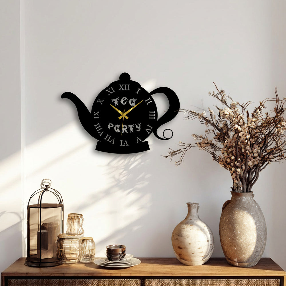 Teapot shape metal wall clock showcasing charming vintage style with Roman numerals, adding an elegant piece of metal art for wall decor to any kitchen or cafe.