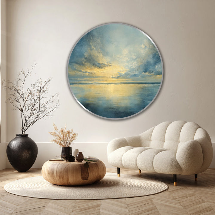 Subtle ripples on the water create a sense of movement in this golden stillness tranquil horizon round oil painting art piece, reflecting the sunlit clouds.