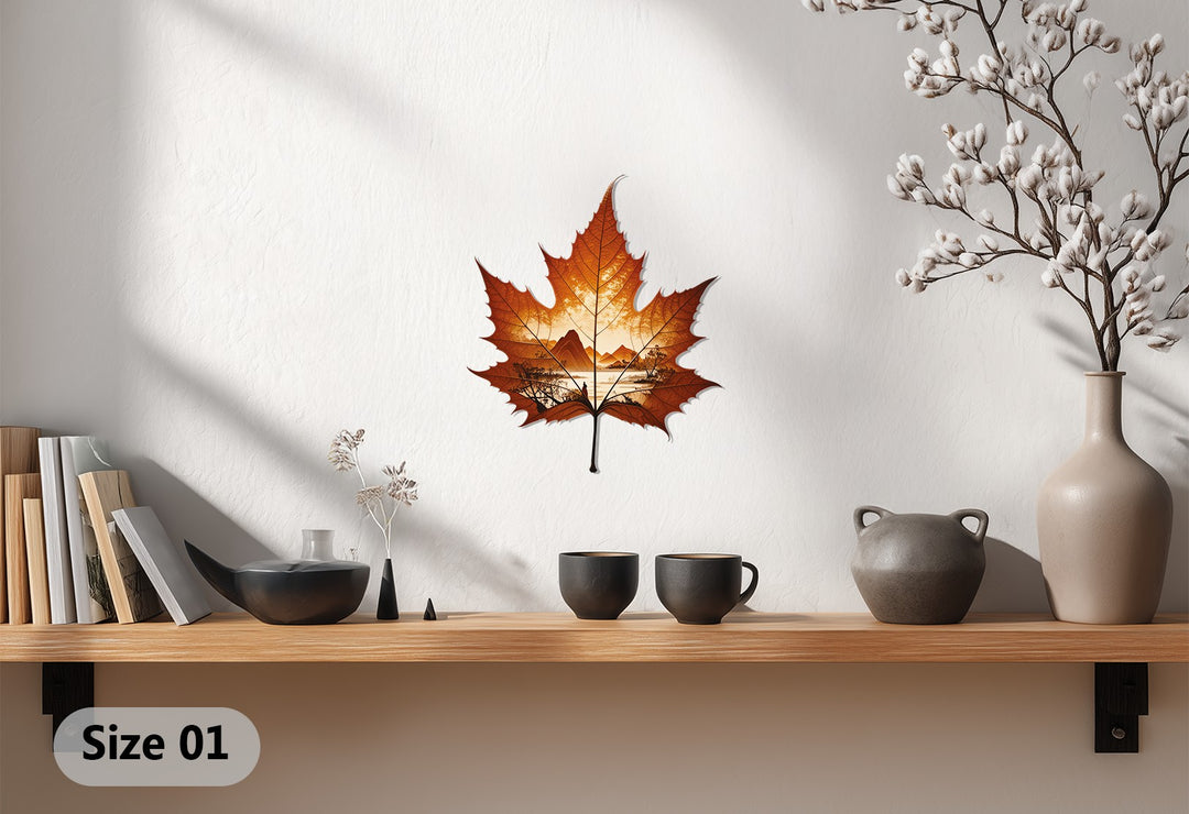 Crisp white background highlights the intricate cutouts of the autumn horizon maple leaf metal wall decor, adding depth to this nature landscape metal wall art.