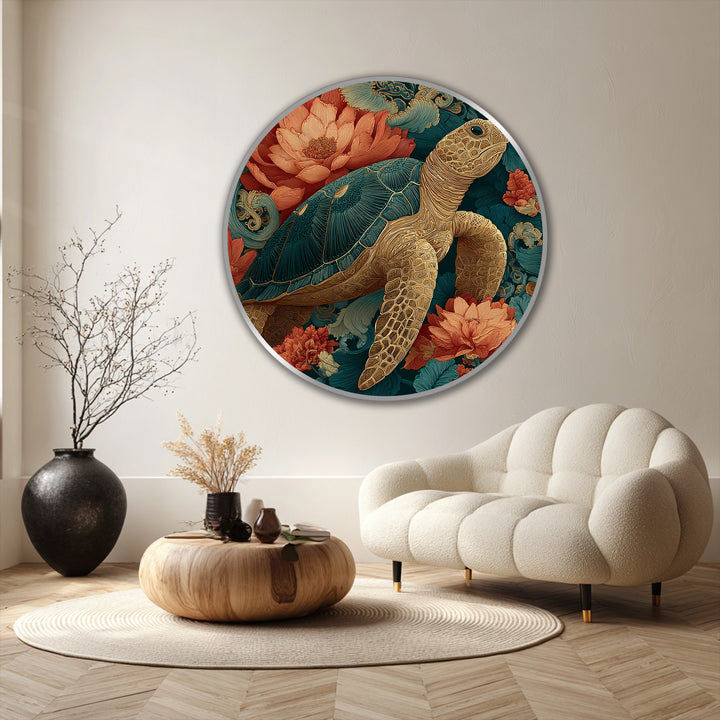 Displayed in a circular composition, the oil painting art prints feature a sea turtle surrounded by the geometric elements of coral flowers and foliage.