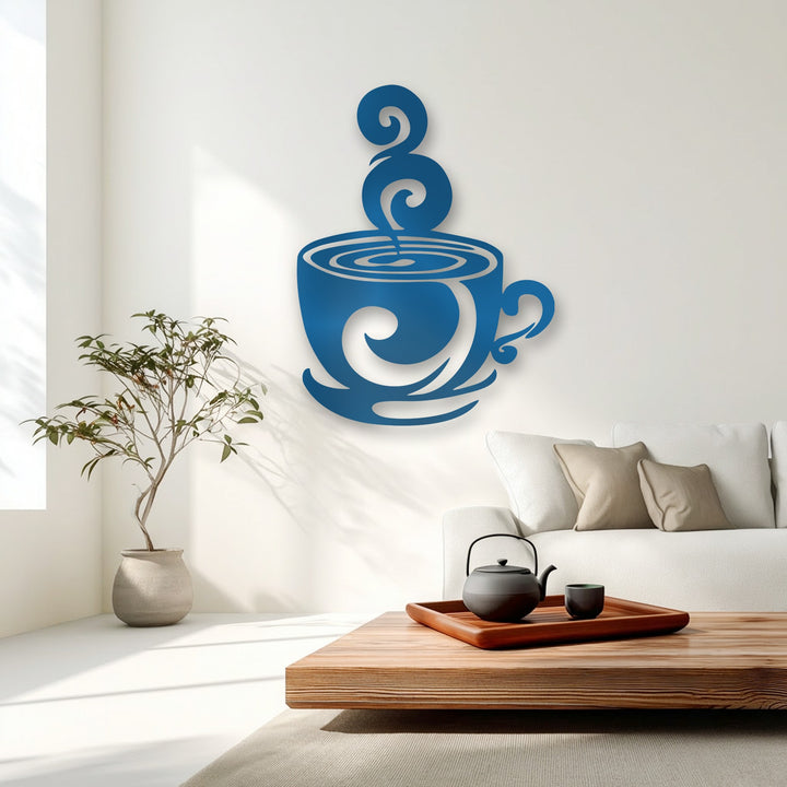 The smooth, lustrous surface of the swirling coffee cup metal wall decor beautifully catches light, enhancing its modern silhouette.