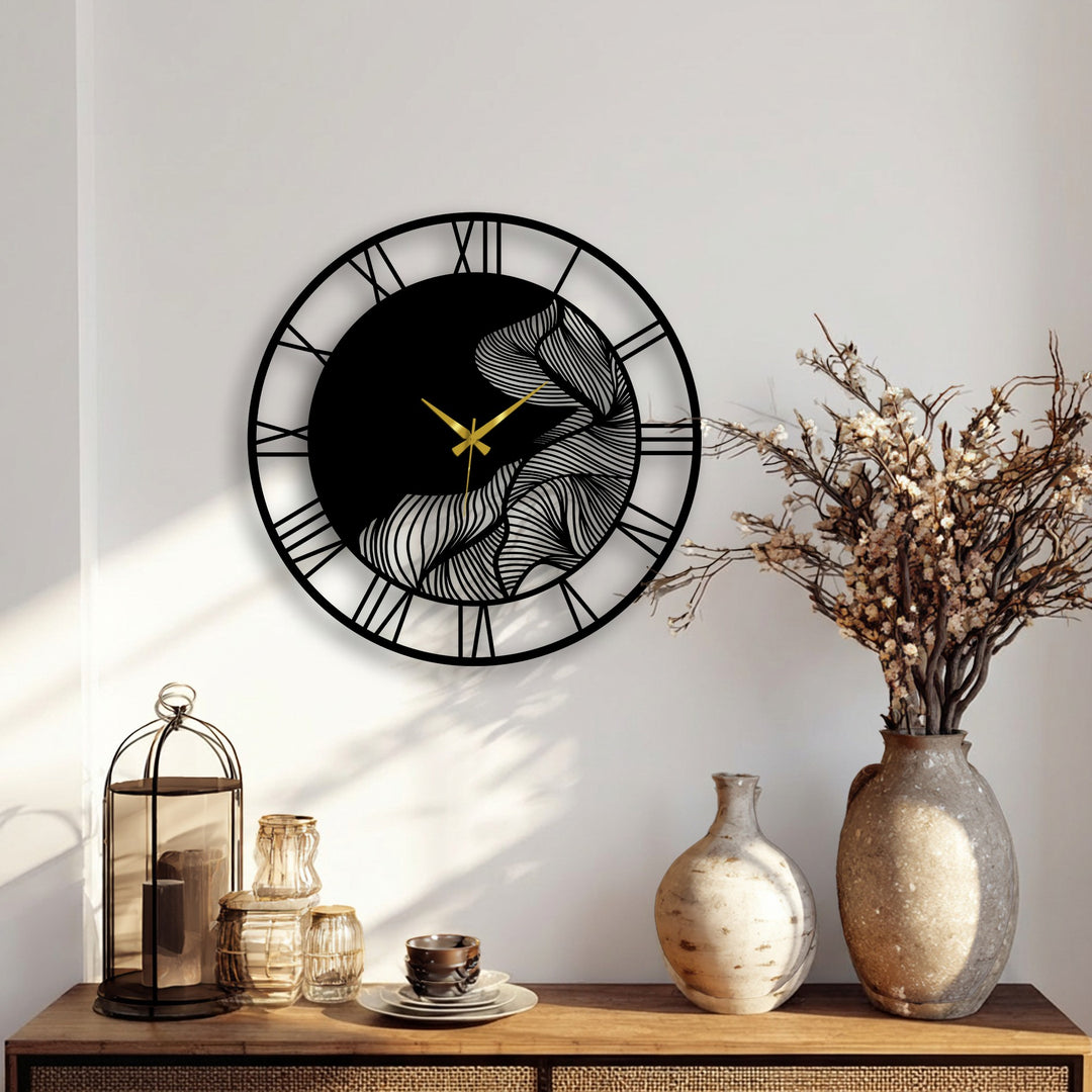 Abstract leaf Roman numeral metal wall clock, the loudest element featuring decorative metal art, offers modern botanical decor with striking contrast.