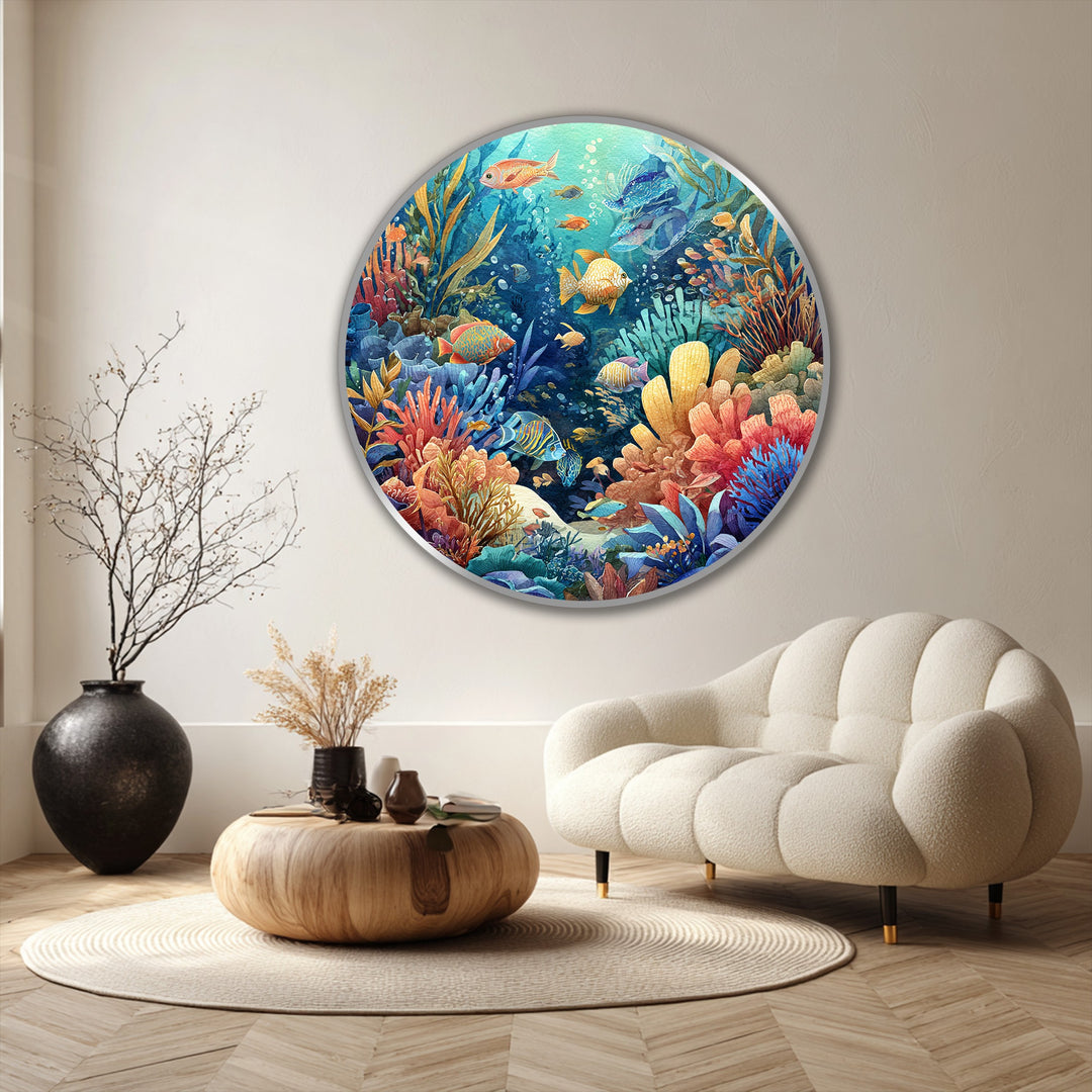 Expertly crafted, the round oil painting showcases modern oil painting art through its high-quality pigments depicting a vibrant coral reef and tropical fish.