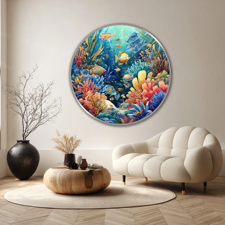 Expertly crafted, the round oil painting showcases modern oil painting art through its high-quality pigments depicting a vibrant coral reef and tropical fish.
