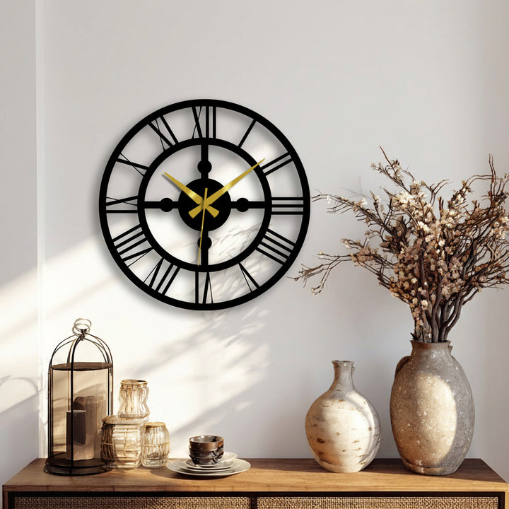 Centered on a white wall, the focal point showcases an industrial Roman gear metal wall clock offering a compelling decoration wall art piece with contrasting gold hands.
