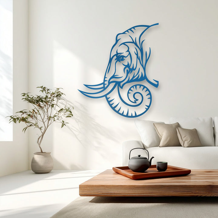 The majestic elephant line art metal wall decor creates striking depth with its azure design casting shadows, adding layered visual interest.