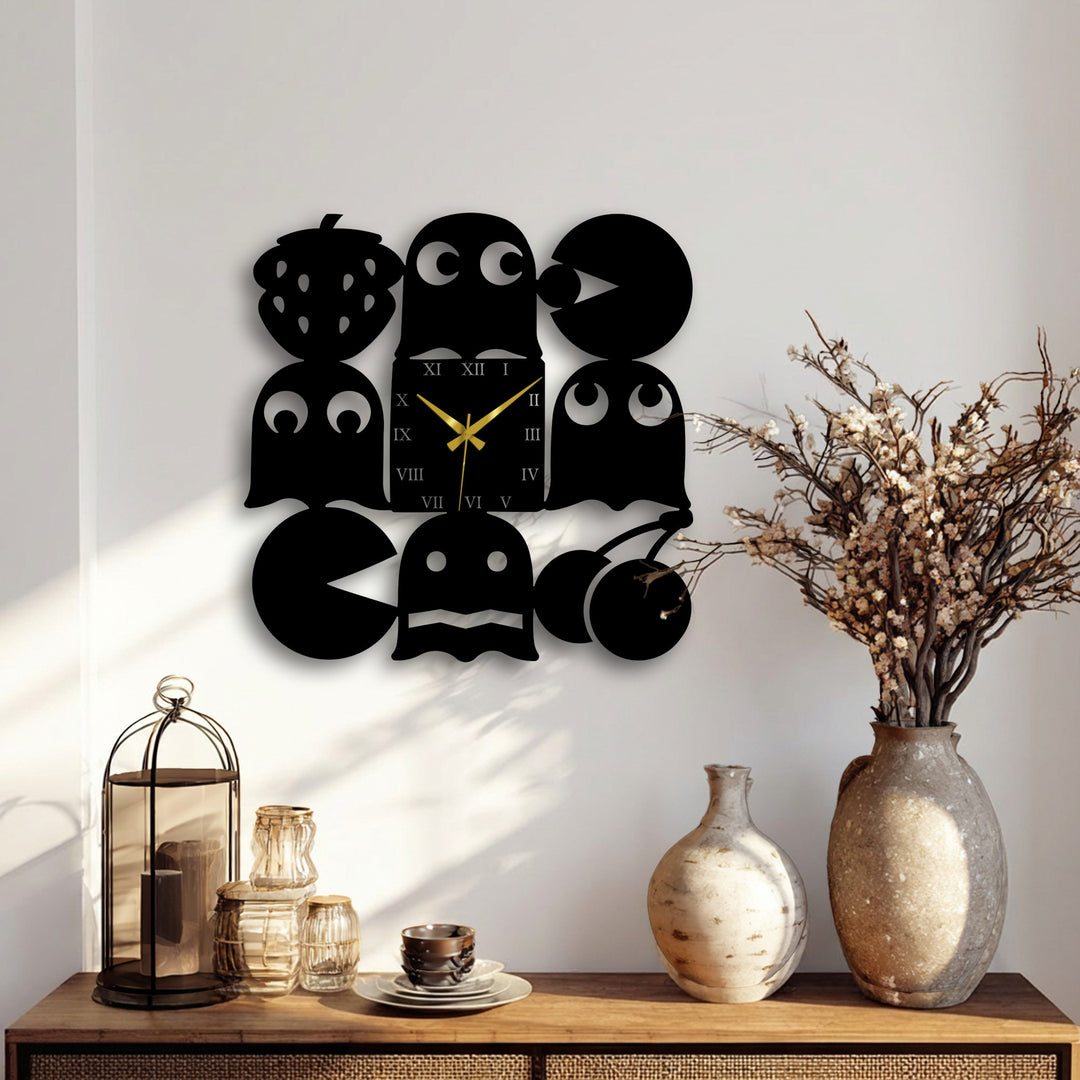 The sharp edges and distinct borders of this unique metal wall art create a playful, retro arcade-inspired clock design.