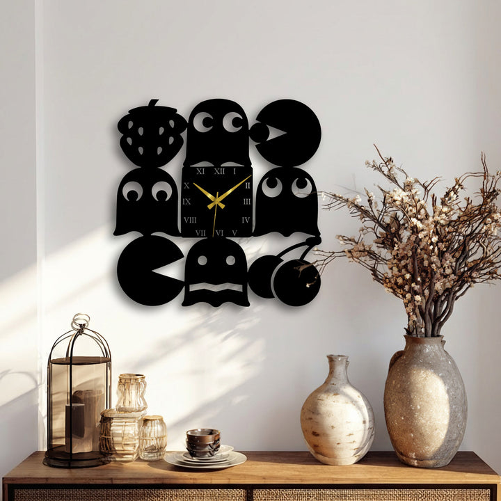 The sharp edges and distinct borders of this unique metal wall art create a playful, retro arcade-inspired clock design.