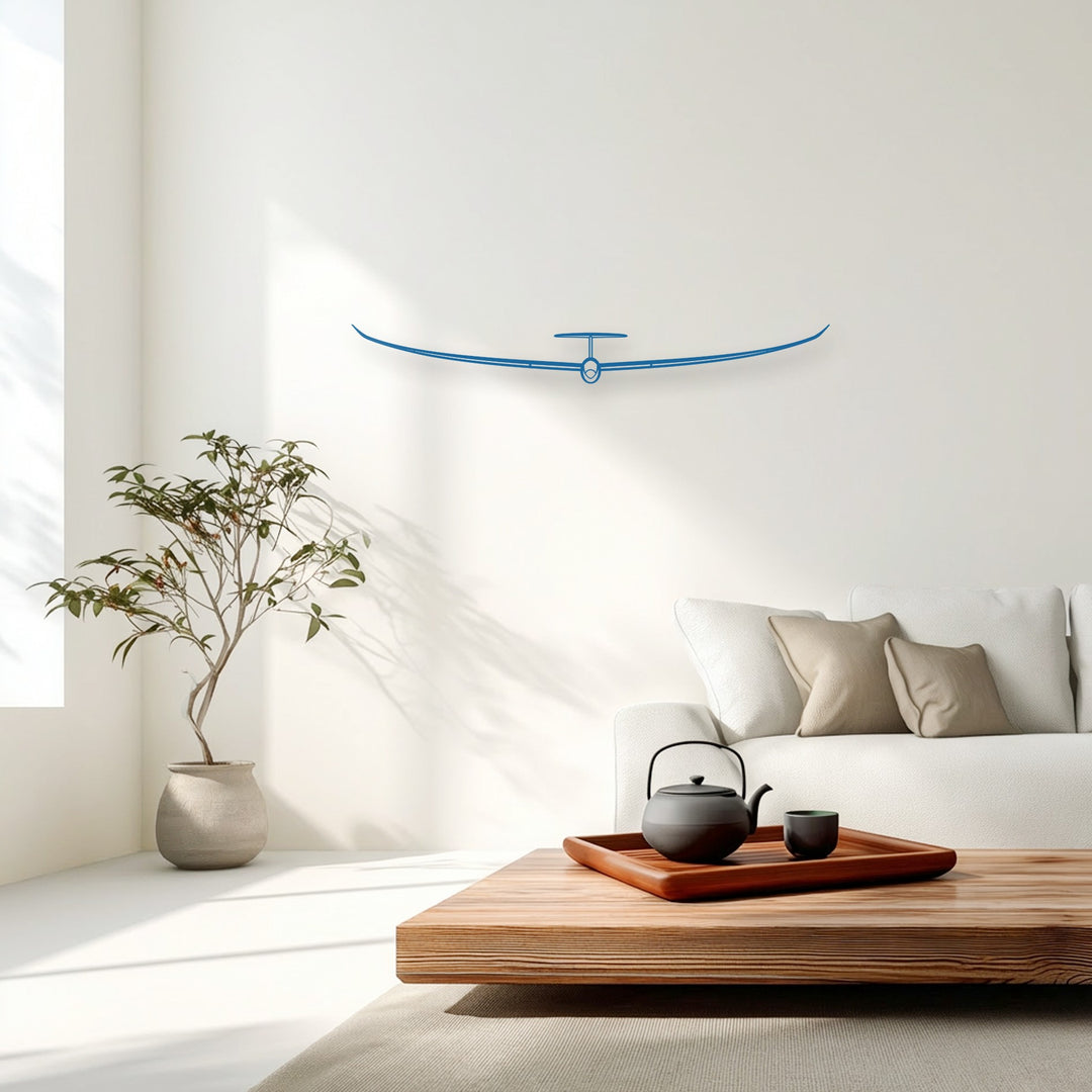 The sleek, minimalist geometric outline of a glider creates captivating metal art for wall decor, with its horizontal wings and central cockpit design.